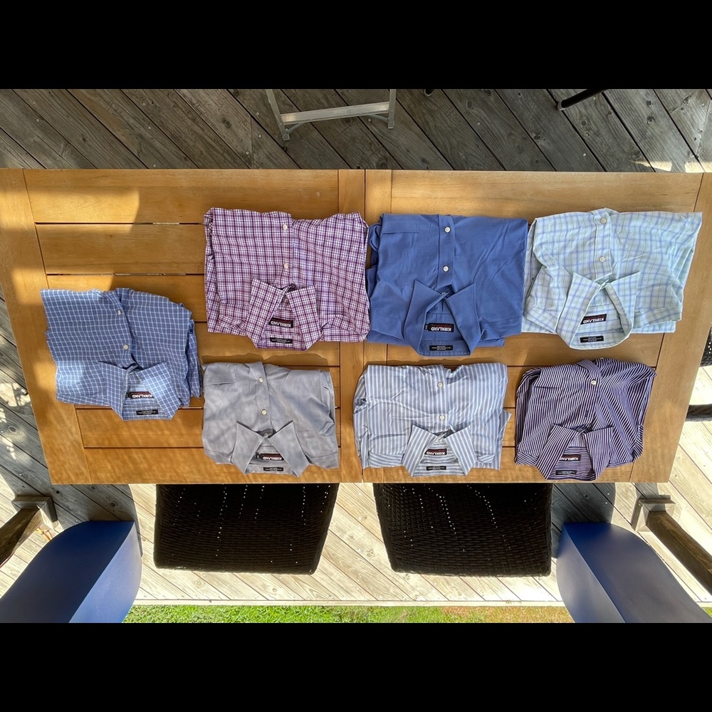 7, 18/35 Kirkland long sleeved dress shirts.